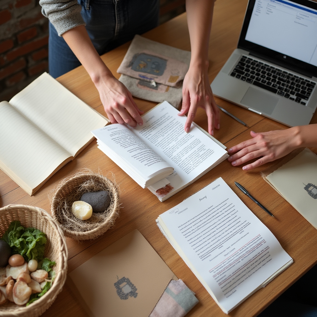 Arbeitstisch mit Notizen, Gemüsekisten und Stoffbeuteln zur Kursvorbereitung